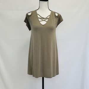NWOT CY Fashion Olive Strappy Lattice Front Cold Shoulder Tunic Swing Dress